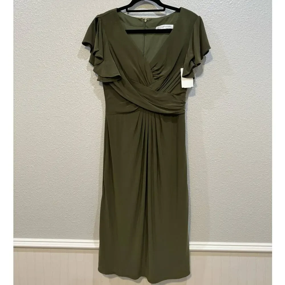 IEENA for MAC DUGGAL Dress $378 FLAW Flounce Sleeve Midi Dress Olive Size 4 - Picture 5 of 12